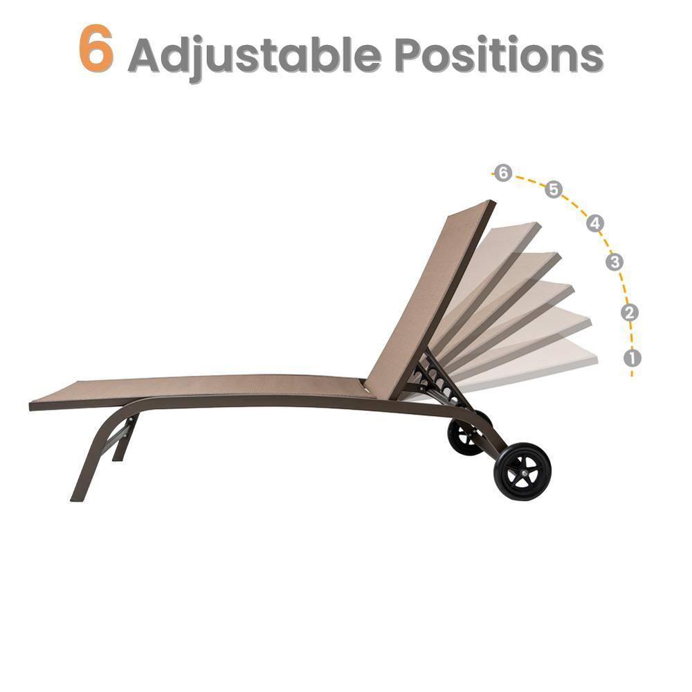 Adjustable Brown Aluminum Outdoor Chaise Lounge with Wheels