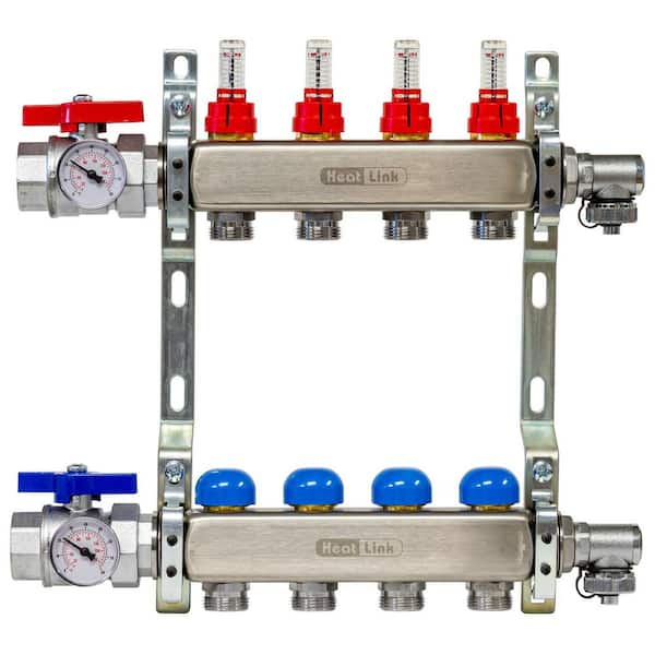4 Loop 1 in. FNPT x 1/2 in. PEX-B Barb 1-1/4 in. Stainless Steel Radiant Heat Manifold with Flow Meters