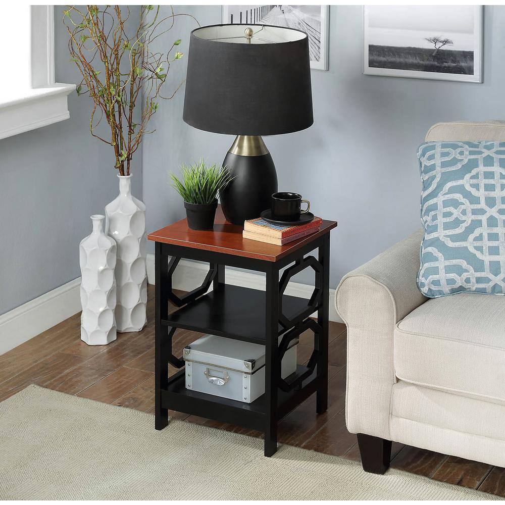 Round Cherry & Black Wood Omega End Table with Shelves
