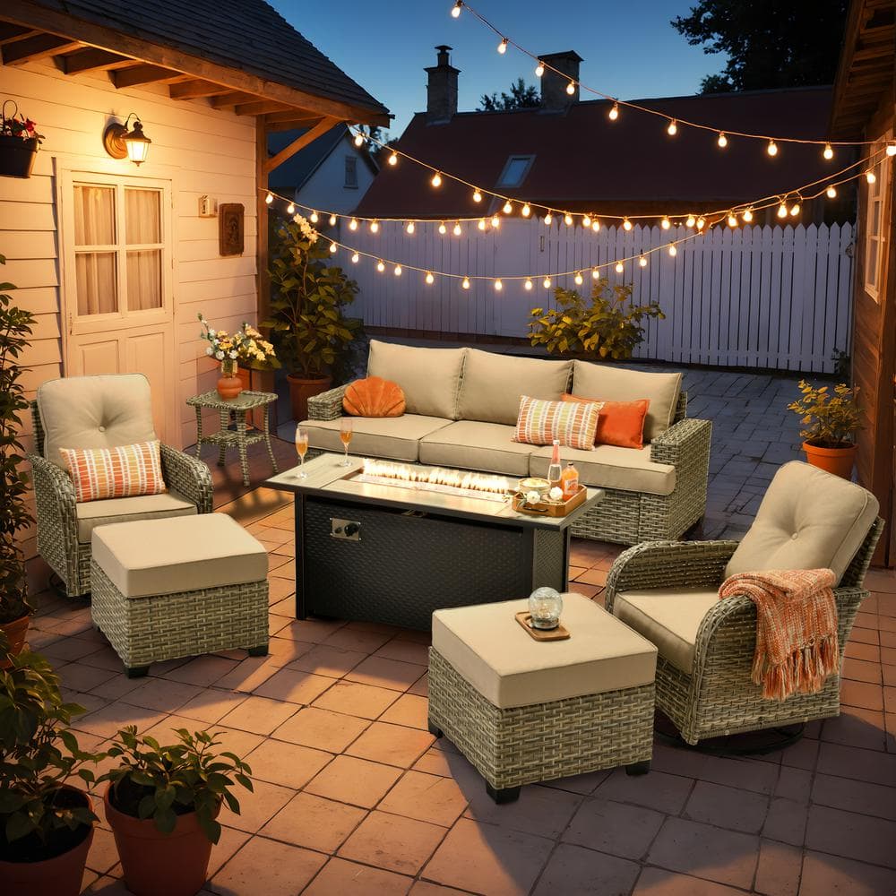 Daisy 9-Piece Wicker Rectangular Fire Pit Sets and Swivel Rocking Chairs with Beige Cushion price history on PriceWatchPro