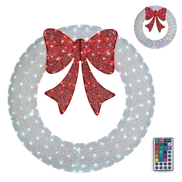 Karl home 4 ft. White Pre-lit LED Outdoor Large Wreath Artificial Christmas Garland with Red Bows