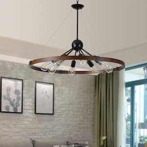 Retro 31.4 in. W 8-Light Walnut and Black Rustic Linear Chandelier for Kitchen with No Bulbs Included