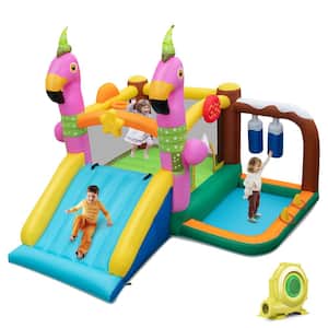 Flamingo-Themed Bounce Castle 7-in-1 Kids Inflatable Jumping House Bounce House with 735-Watt Blower