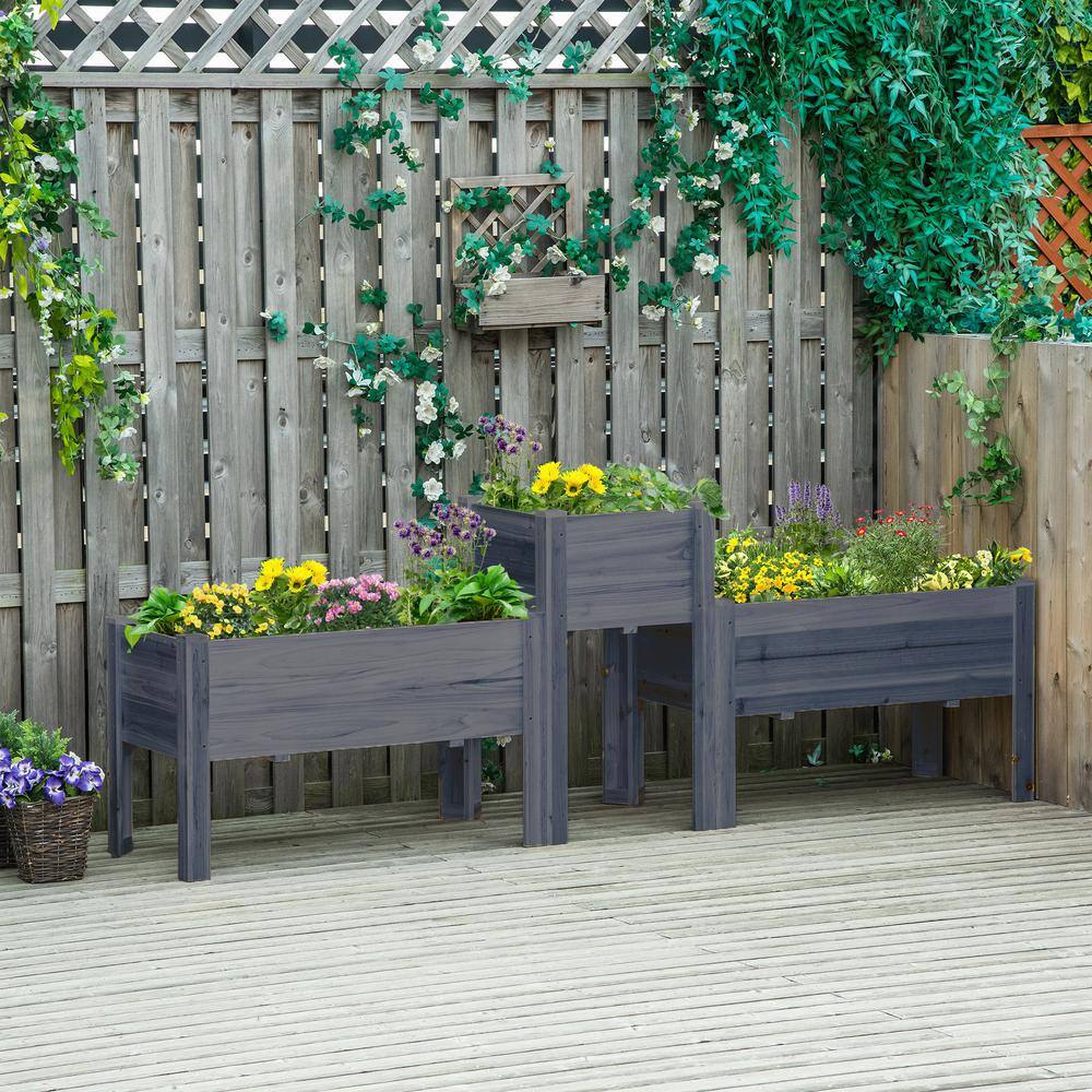 Elevated Gray Wood Garden Bed Trio for Deck and Yard