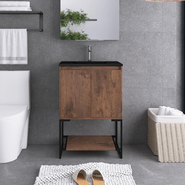 Staykiwi 23.6 in. W x 18.9 in. D x 33.8 in. H Single Sink Freestanding Bath Vanity in Rose Wood with Black Quartz sand Top