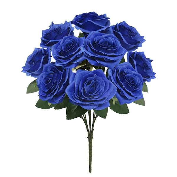 LIVING LUXURY 18 in. Royal Blue Artificial Queen Rose Flower Stem Bush Bouquet (Set of 2)