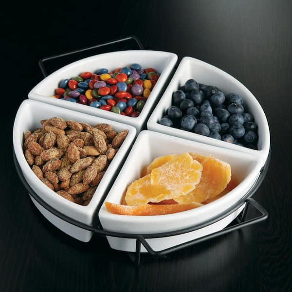 Gracious Dining 5-Piece White Ceramic 4-Section Tray Set with Metal Rack