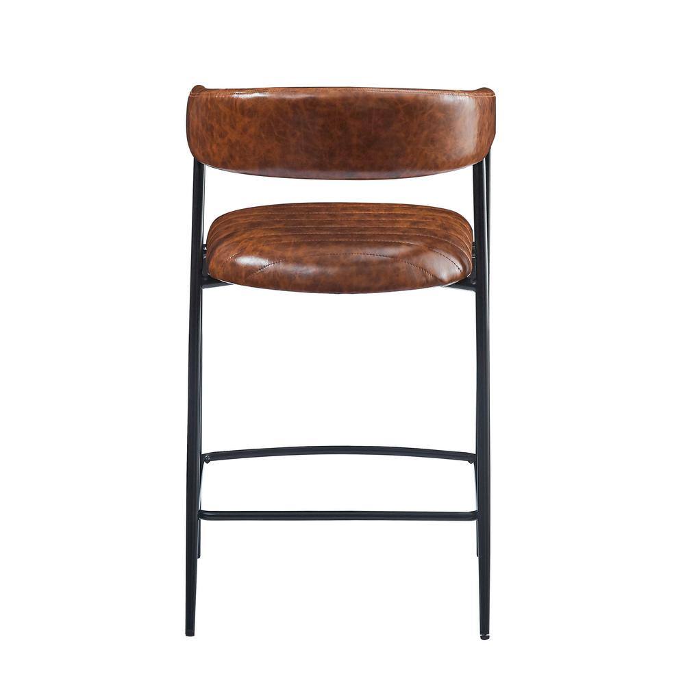 Brown Leather and Iron Frame Counter Stools, Set of 2