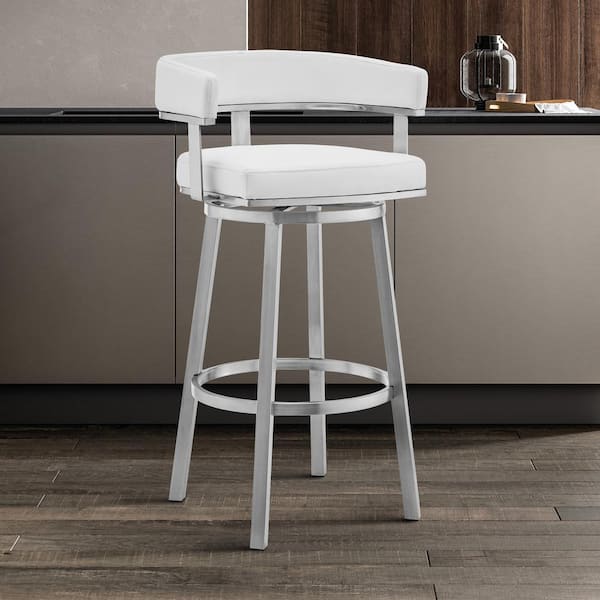 Armen Living Cohen 26 in. Low Back White Faux Leather and Brushed Stainless Steel Swivel Bar Stool