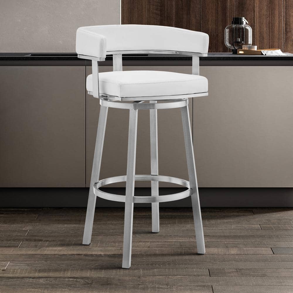 Cohen 26 in. Low Back White Faux Leather and Brushed Stainless Steel Swivel