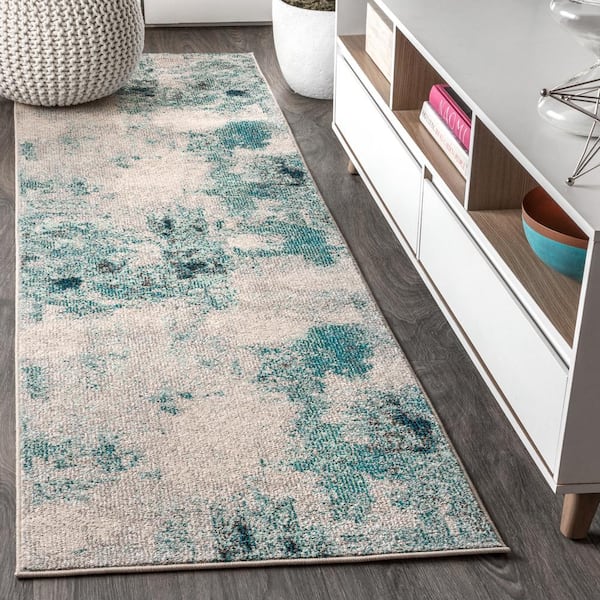 Contemporary Cream/Blue 2 ft. x 16 ft. Pop Modern Abstract Vintage Runner Rug