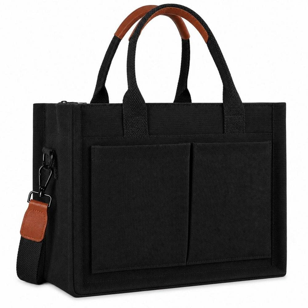 Black Structured Canvas Tote Bag, Neutral Tone, Zippered Multi-Compartment Purse with Detachable Strap, for Work, Travel