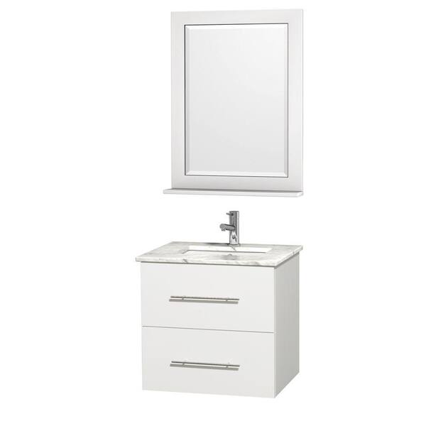Wyndham Collection Centra 24 in. Vanity in White with Marble Vanity Top in Carrara White and Under-Mount Sink