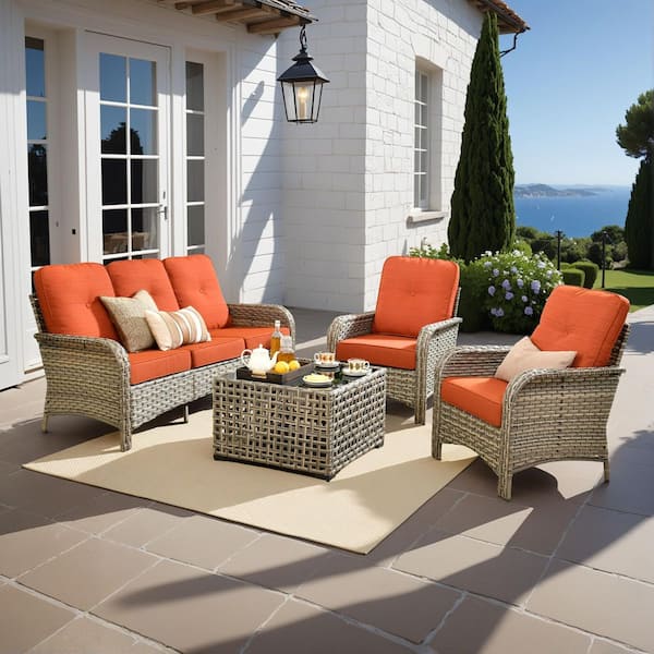 HOOOWOOO Ruby 4-Piece Wicker Outdoor Furniture Patio Conversation Sofa Set with a Solar-LED Coffee Table and Orange Red Cushions