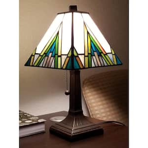 Tiffany 14.5 in. Green and Ivory Table Lamp with Stained Glass Shade