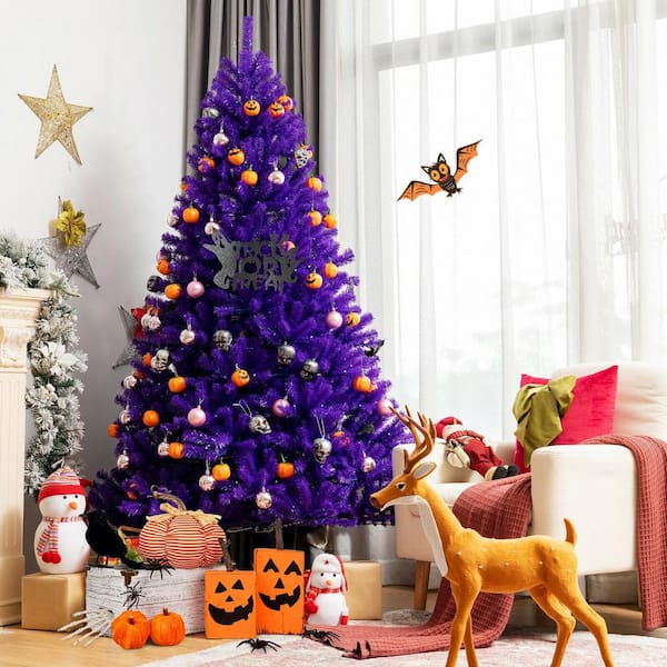 Costway 6 Feet Pre-Lit Hinged Halloween Tree with 250 Purple LED Lights and 25 Ornaments
