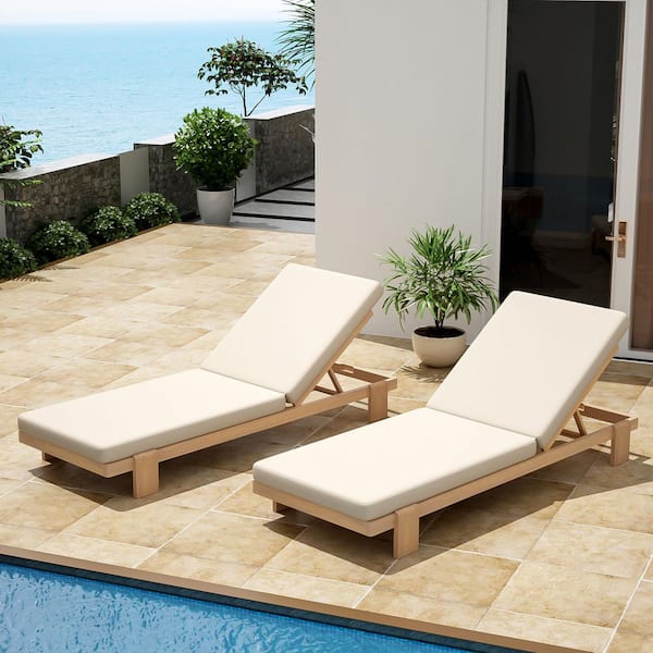Laramie Patio Solid Wood Frame Outdoor Chaise Lounge with Beige Cushion, Teak Finish, Set of 2
