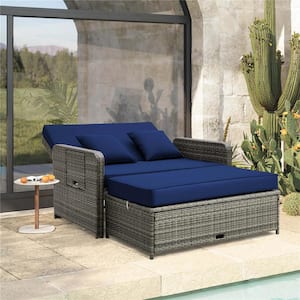 2-Piece Wicker Outdoor Day Bed Set Loveseat Sofa with Ottoman and Retractable Side Tray and Navy Cushions