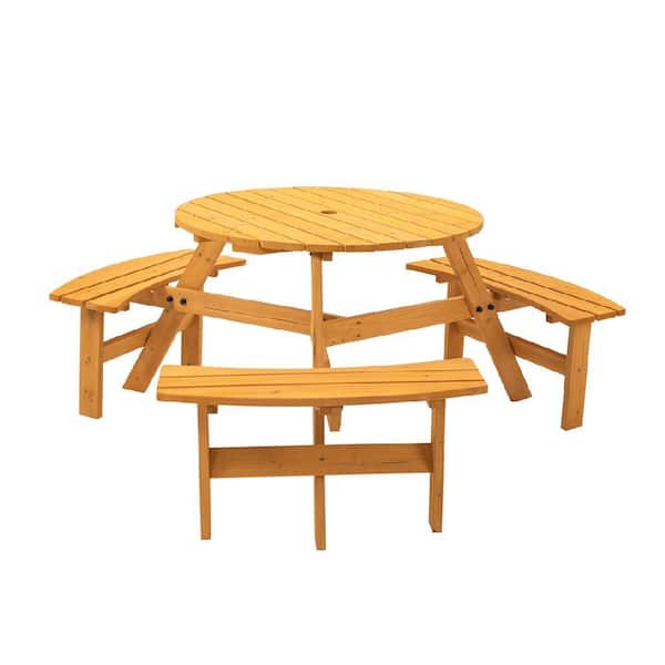 66.92 in. Unfinished Wood Round Wood Picnic Table Seats 6 People with 3 Built-in Benches, 1720lb Capacity. Natural