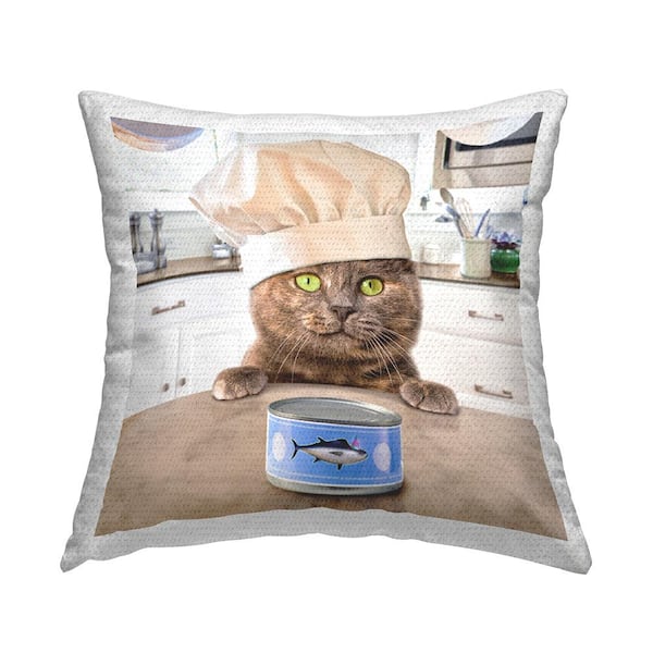 Stupell Industries Chef Cat with Tuna Can Brown Square Outdoor Throw Pillow