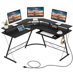 51 in. L-Shaped Black Wood Desk with Power Outlet