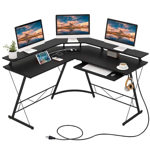 Costway 51 in. L-Shaped Black Wood Desk with Power Outlet