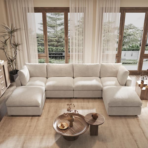 134 in. 6-Piece Beige Chenille Modular Sectional Sofa with Ottoman, Square Arm, Removable Washable Covers