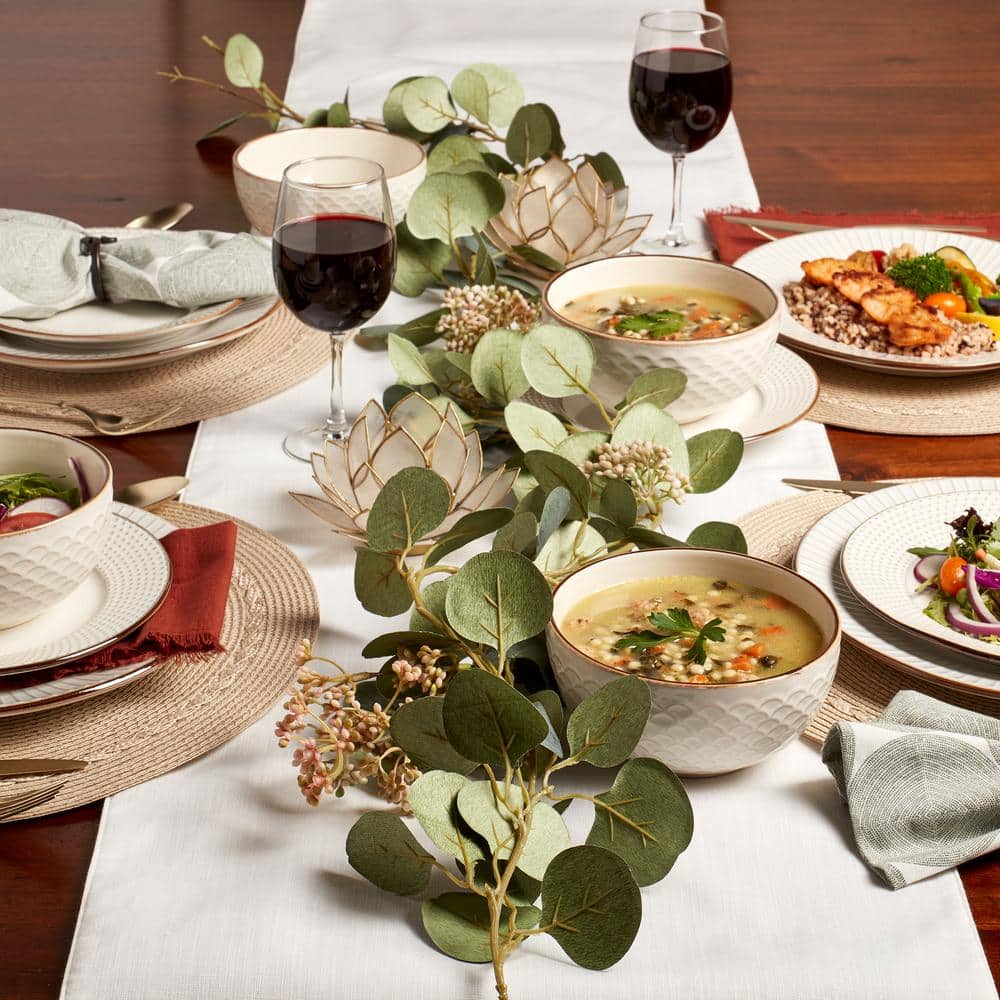 Monroe White Ceramic Embossed 12-Piece Dinnerware Set