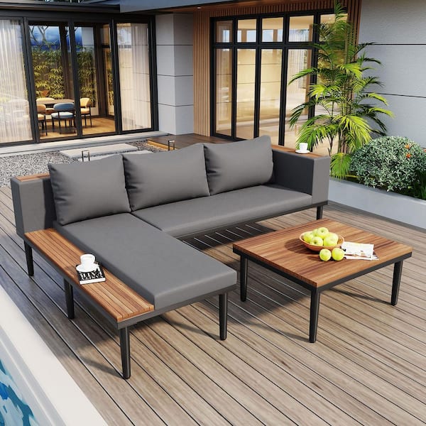 3-Piece Outdoor Patio L-Shaped Acacia Wood Coffee Table Furniture Sectional Sofa Set with Gray Cushion and Side table