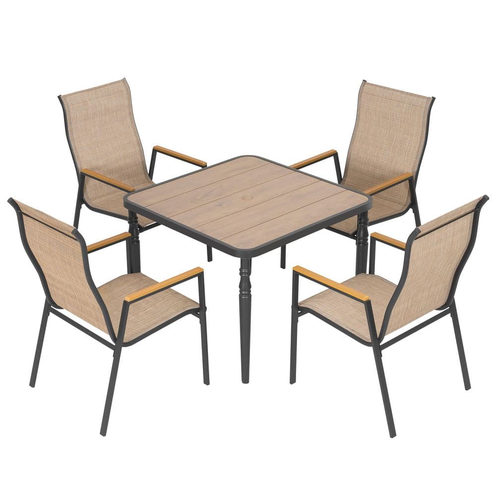 Black 5-Piece Textilene and Faux Wood Square Outdoor Dining Set with Umbrella Hole, Stackable Design, Woodgrain Tabletop price history on PriceWatchPro