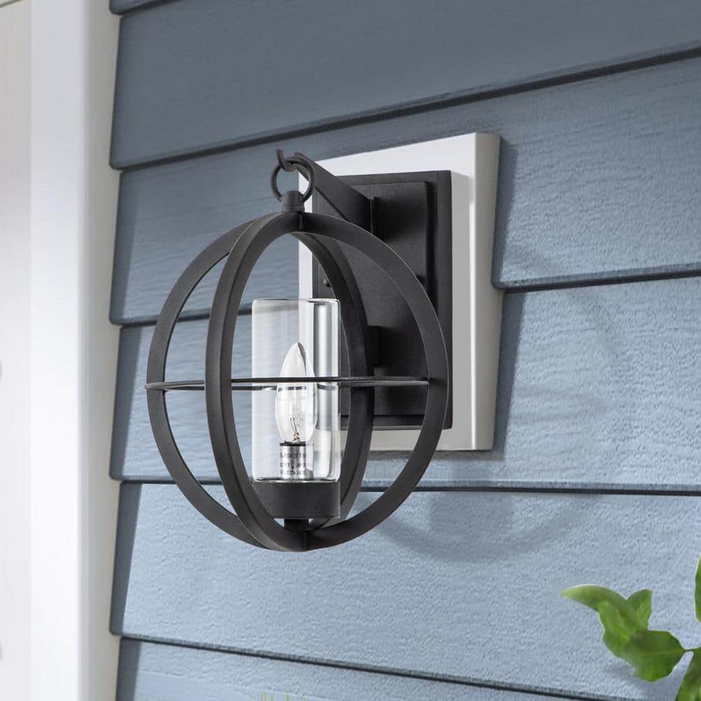 Matte Black Metal Globe Outdoor Wall Sconce with Clear Glass