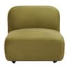 Olive green upholstered ottoman on a plain white background.
