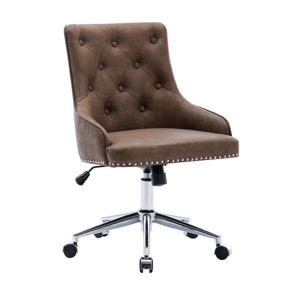 Veryke Brown Tufted Pu Leather Computer Chair With Swivel Height Adjustable Accent Chair With Arms W