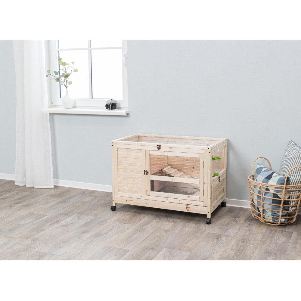Natural Wood Indoor Hutch for Small Pets with Lockable Wheels