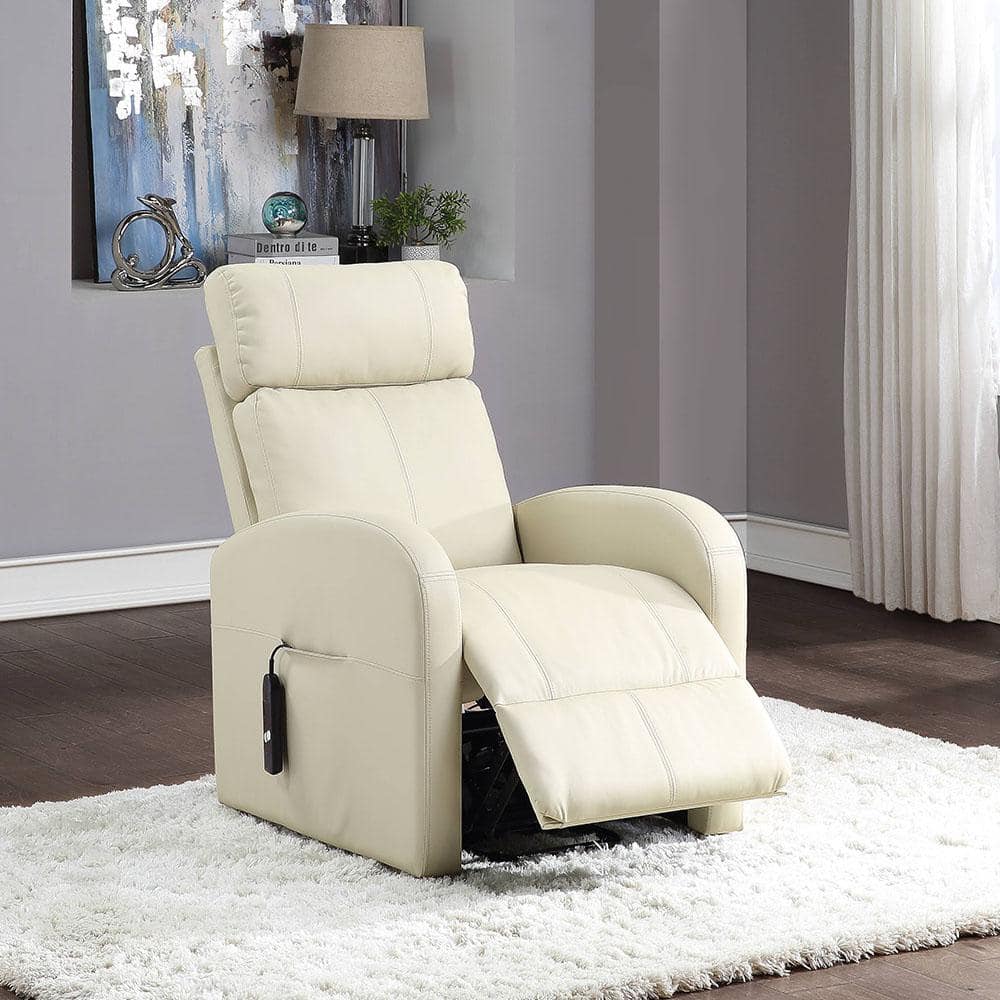 Beige 28'' PU Leather Swivel Recliner with Lift and Wood Accents