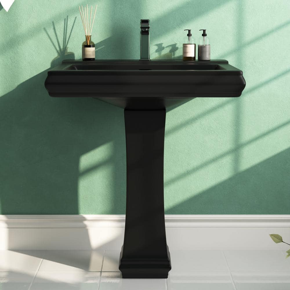 Apex Black Ceramic Rectangular Pedestal Sink with Single Faucet Hole
