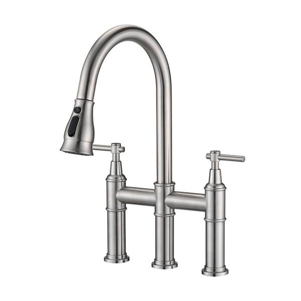 Double Handle Bridge Kitchen Faucet with Pull-Down Spray Head ...