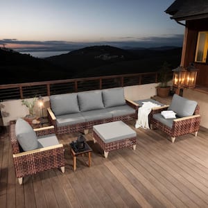 7-Piece Brown Wicker Patio Conversation Set, Patio Dining Set with Gray Cushions