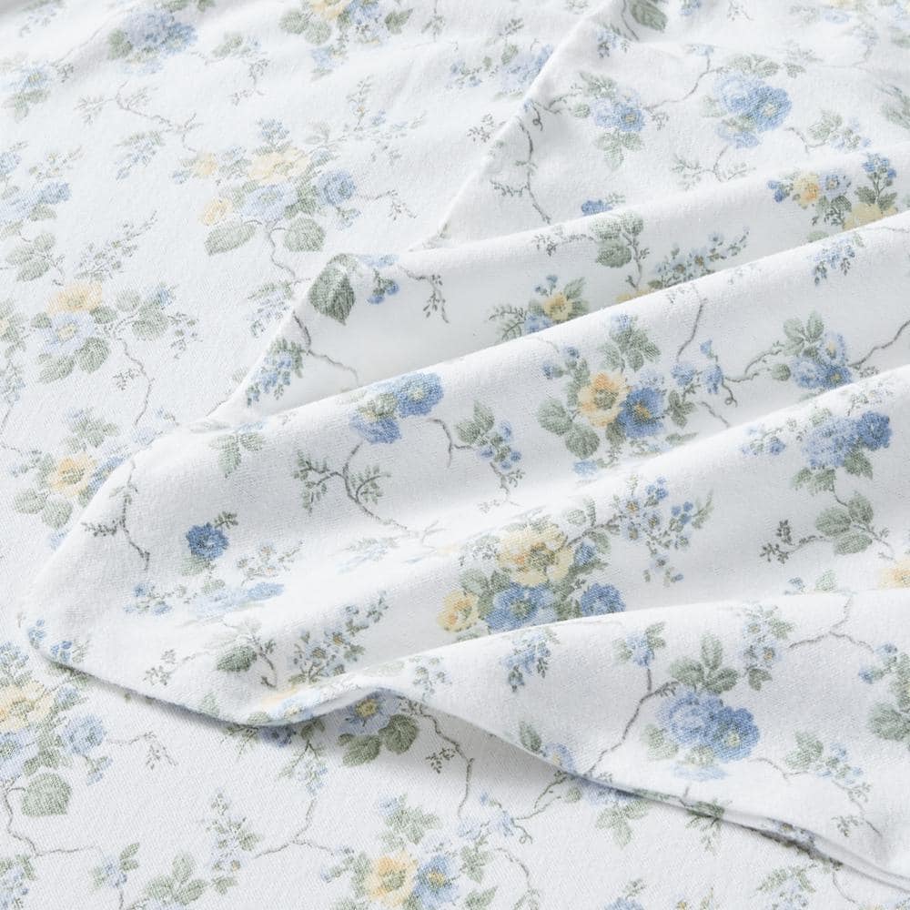 Queen Size Cottage Blue Floral Cotton Flannel Sheet Set