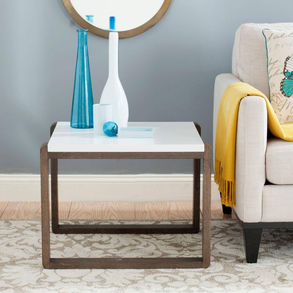 Transitional Bartholomew 24" White Lacquer & Dark Brown Wood End Table