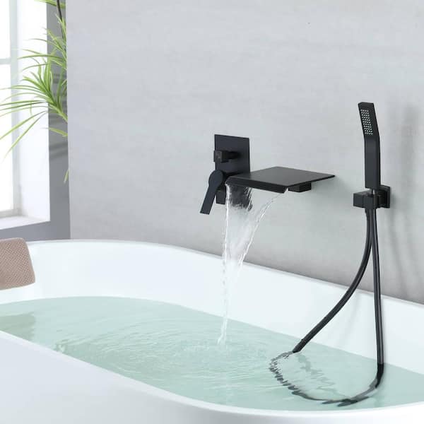Solid Brass Waterfall Single Handle Wall-Mounted Bathtub Faucet Tub Filler  in Black