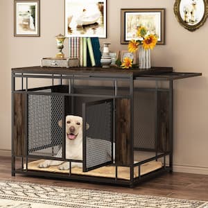 Large Dog Kennels Crate, Indoor Dog Crate End Table, Mesh and Wooden Dog Cages with 2-Doors for S, M, L Dogs, Walnut