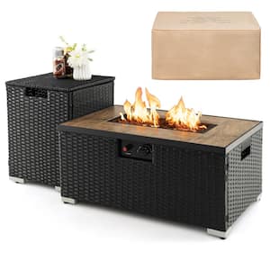 32 in. x 20 in. Propane Rattan Fire Pit Table Set w/Side Table Tank and Cover 40,000 BTU