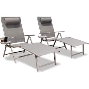 Gray Portable Outdoor Aluminum Lounge Chair with Pillow (2-Pack)