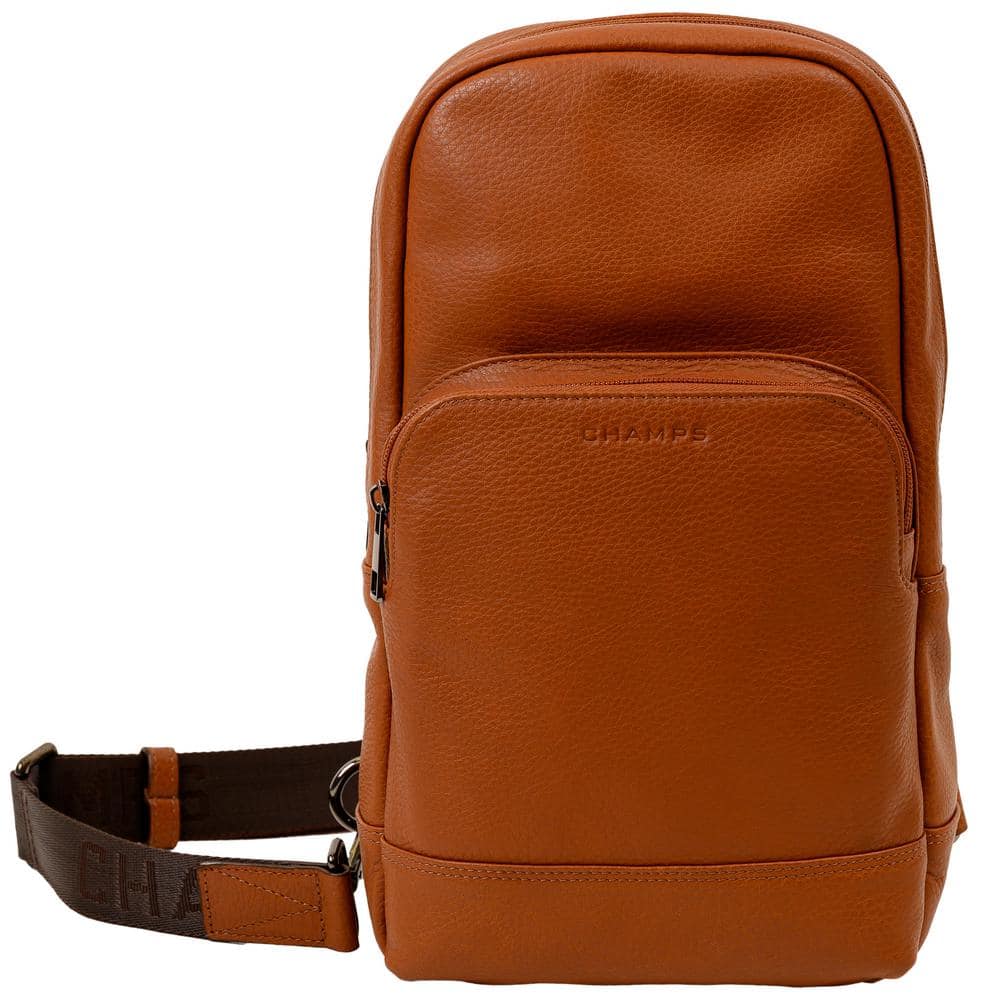 CHAMPS Onyx Collection 7.5 in., Brown Leather Sling Bag Backpack with ...