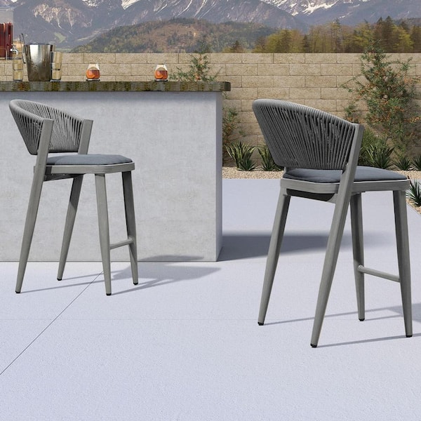 Modern Aluminum Low Back Rattan Counter Height Outdoor Bar Stool with Backrest and Gray Cushion (2-Pack)