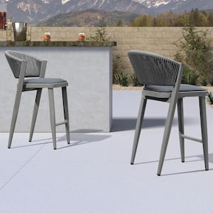 Modern Aluminum Low Back Rattan Counter Height Outdoor Bar Stool with Backrest and Gray Cushion (2-Pack)