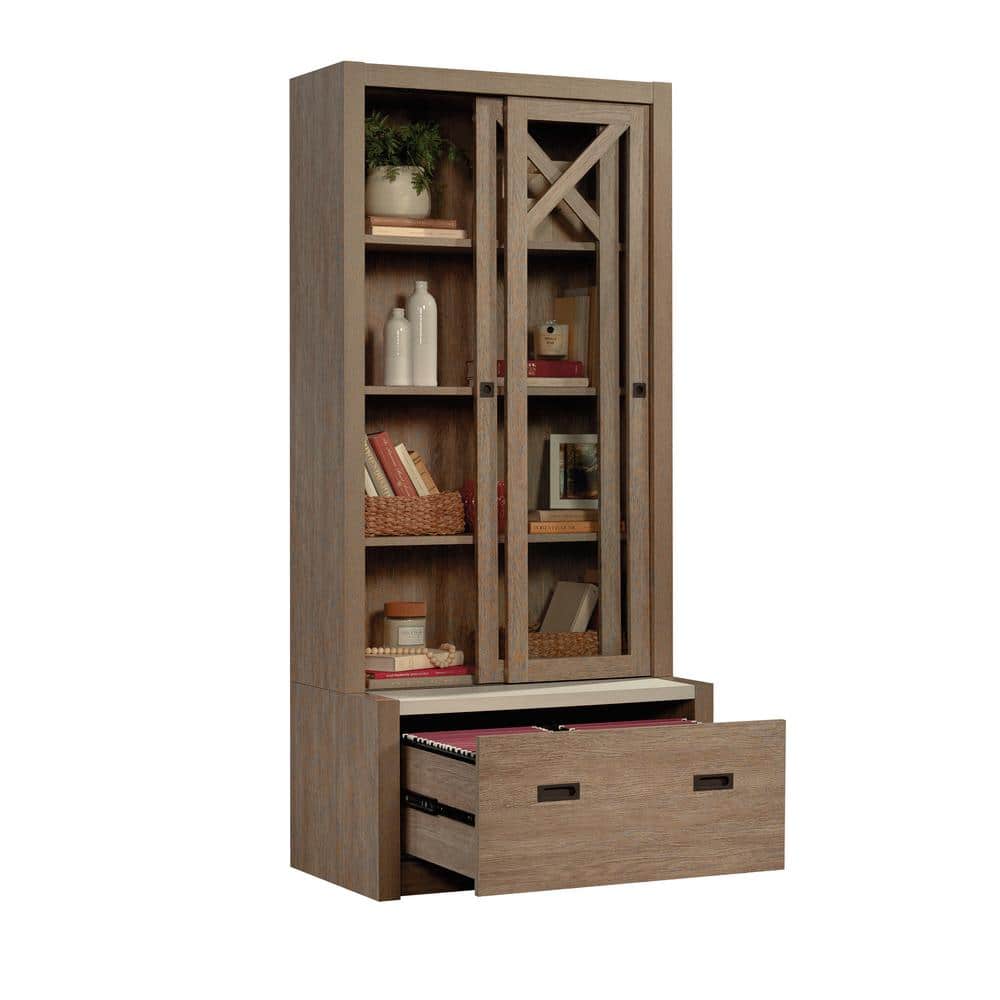 Pebbled White and Brushed Oak Adjustable Bookcase with Glass Doors