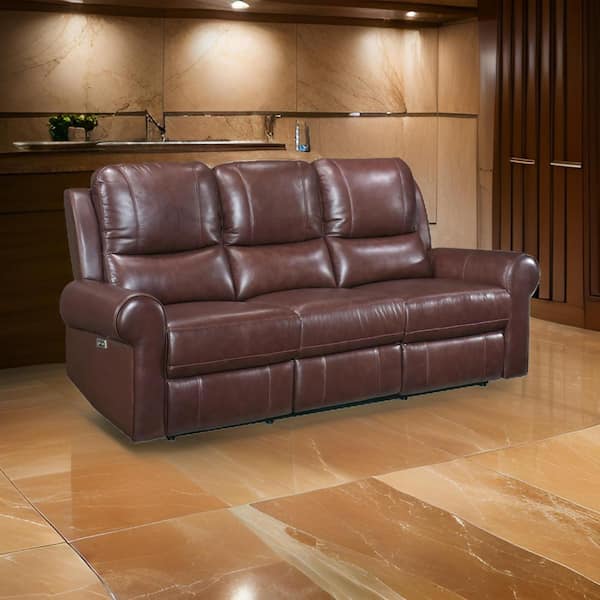 Benjara 81.5 in. Rolled Arm Leather Rectangle USB Recliner Sofa in Brown