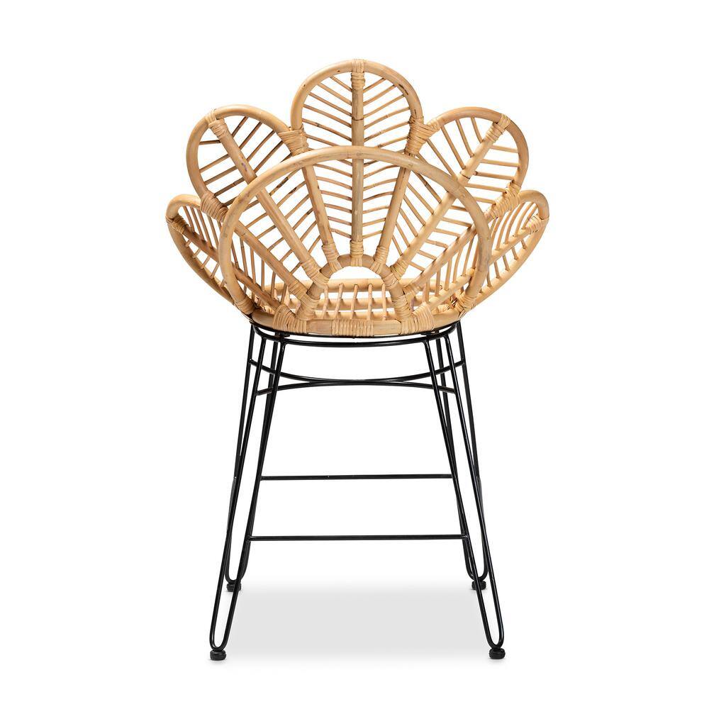 Garan Natural Rattan and Black Metal Boho Counter Stool